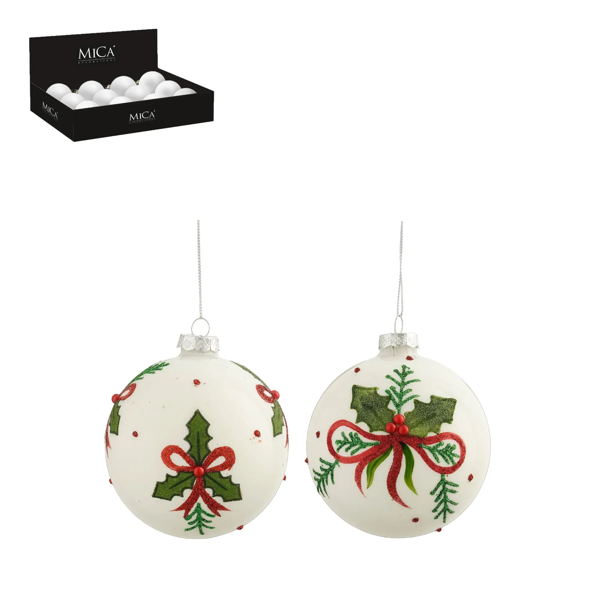Boule verre 'Houx & nœud' ø10cm blanc